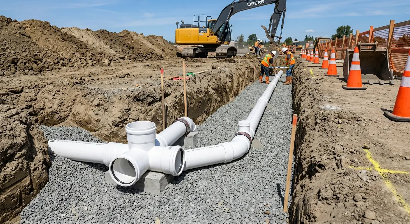 New PVC sewer pipe installation in open trench for Commercial Drain Cleaning in Seven Corners