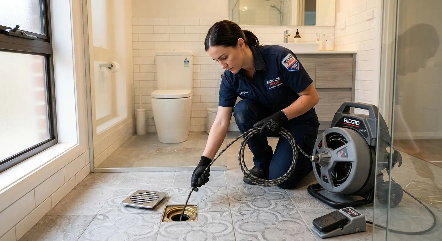 Technician clearing a bathroom floor drain for Clogged Drain Repair in Seven Corners